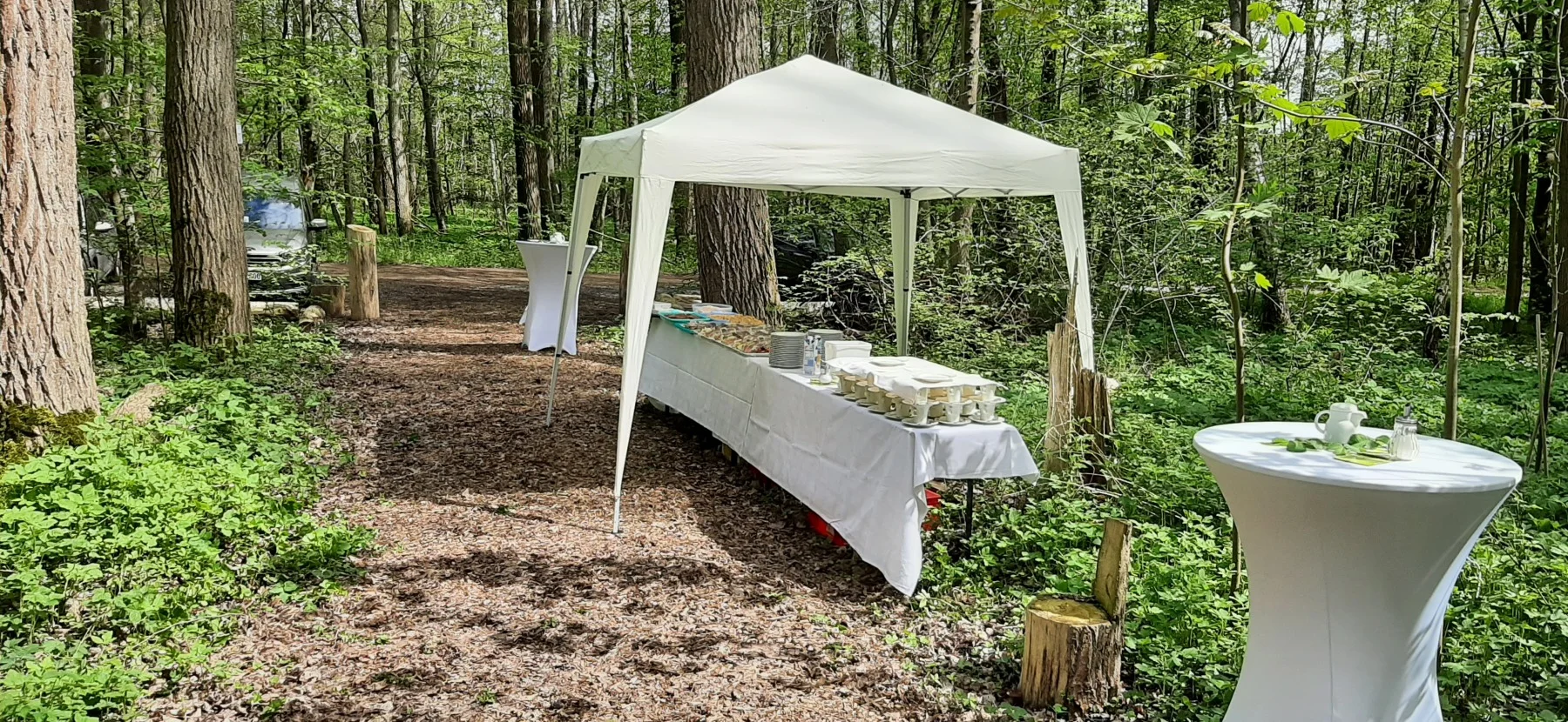 Buffet mit Stehtischen unter Pavillon – Trauerfeier im Waldfriedhof Waldurne