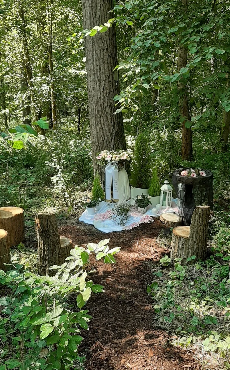 Grabstelle mit weißen Blumen im Waldfriedhof Waldurne – Trockenerfurth Nordhessen